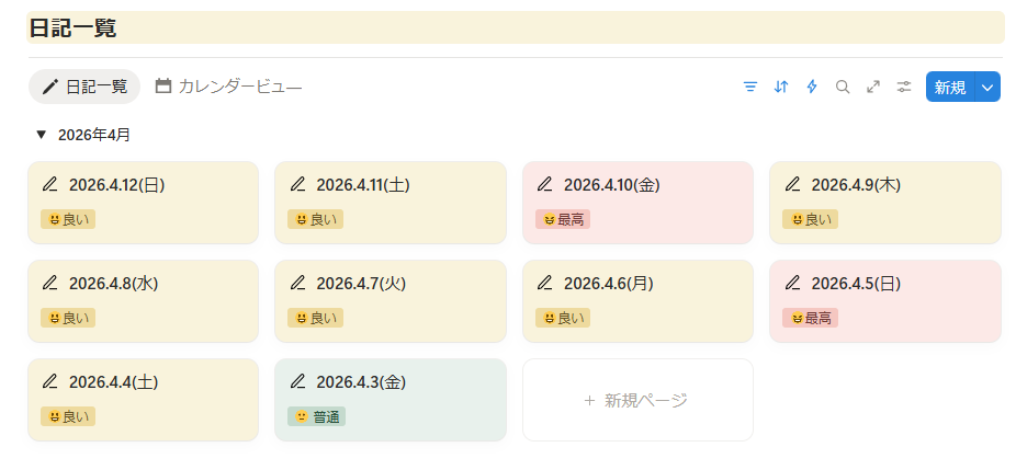Notion日記テンプレ_日付ごとに並ぶ