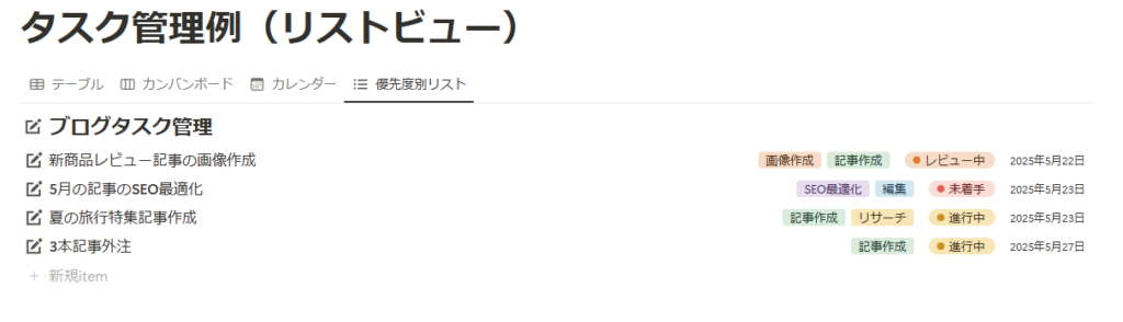 リストビューでタスク管理したときの表示