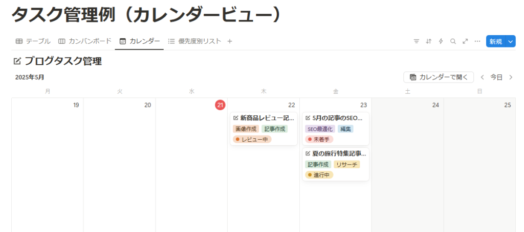 カレンダービューでタスク管理したときの表示