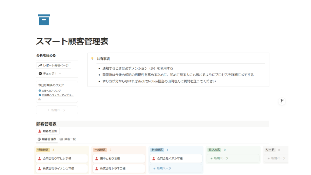 仕事で使えるNotionおすすめテンプレート4
スマート顧客管理表（CleanNotes）