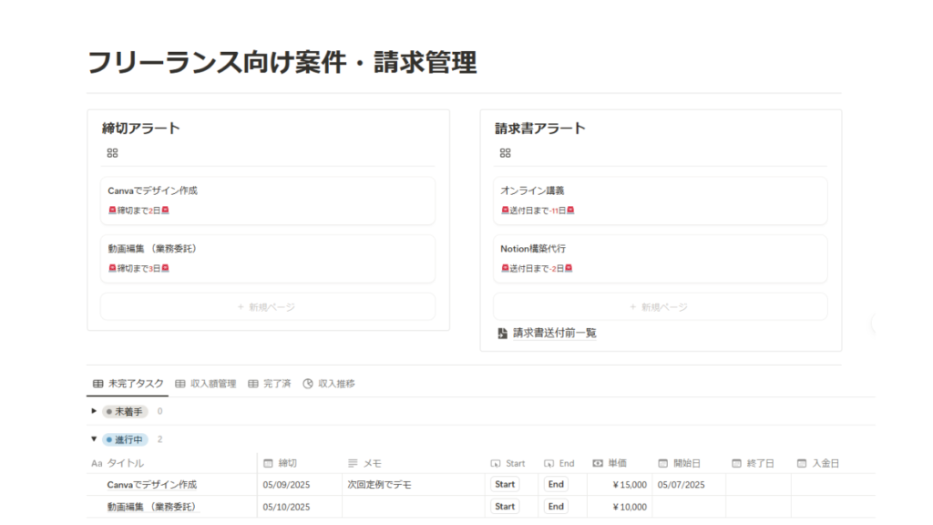 仕事で使えるNotionおすすめテンプレート3
フリーランス向け案件・請求管理（Nari）